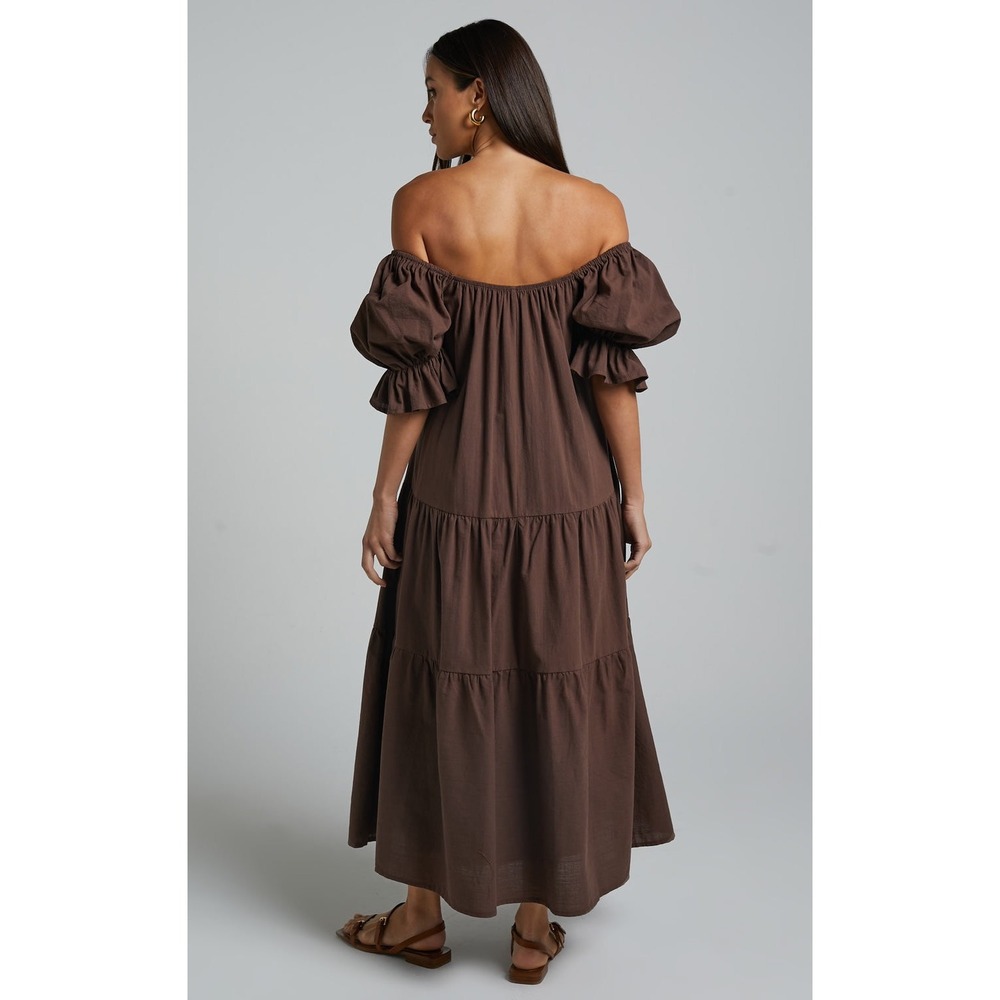 Showpo Zaharrah Brown Off Shoulder Tiered Midi Dress US 4 - Picture 4 of 9
